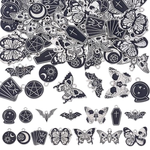 HOBBIESAY 56Pcs 14 Styles Alloy Gothic Charms Black Halloween Charms Butterfly Star Moon Sun Cross Pendants for Bracelet Necklace Earring Jewelry Making Hole: 1.8-2mm