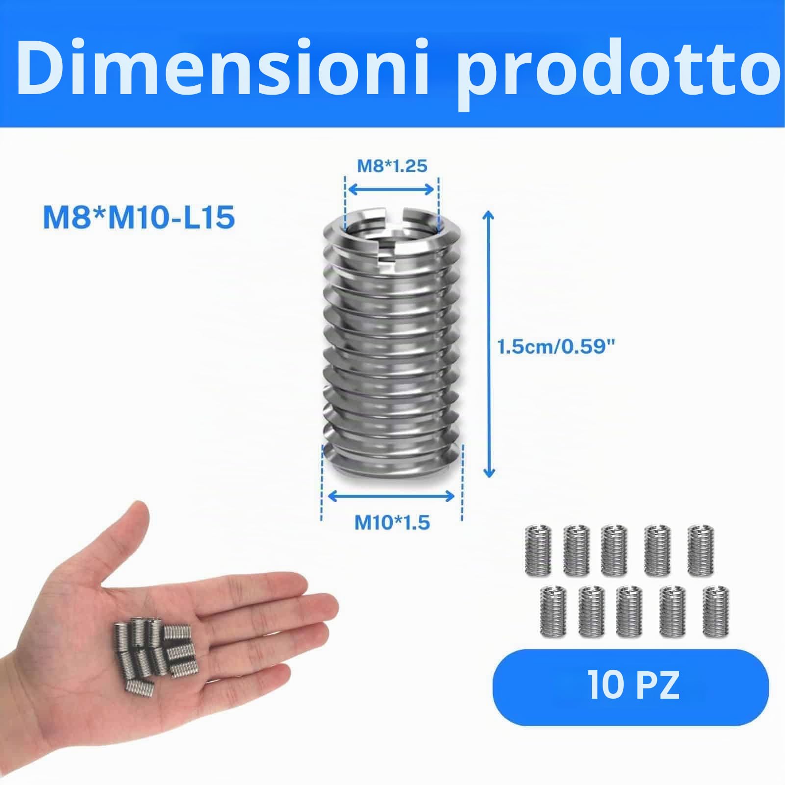 10 pezzi di inserti filettati da M10 a M8, bussole filettate in acciaio inossidabile da 15 mm, adattatore filettato a vite, bussola filettata, set di riduzione filettatura (M10*M8)