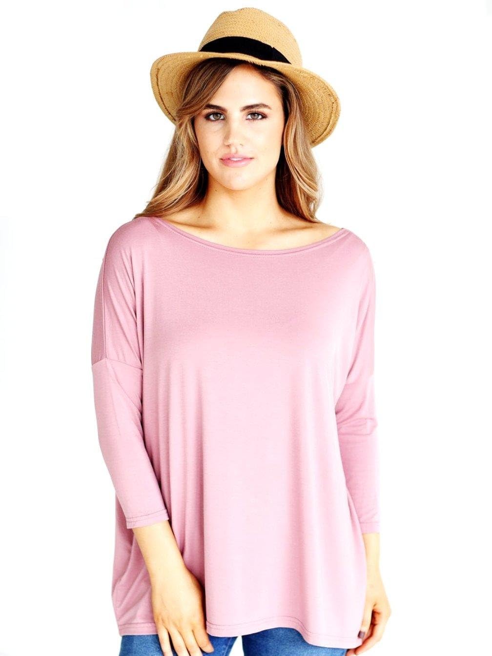 Jack David Women's Famous Top Casual Oversized Soft Loose Fit Drop of Shoulder Boat Neck (3/4 Sleeve & Long Sleeve)