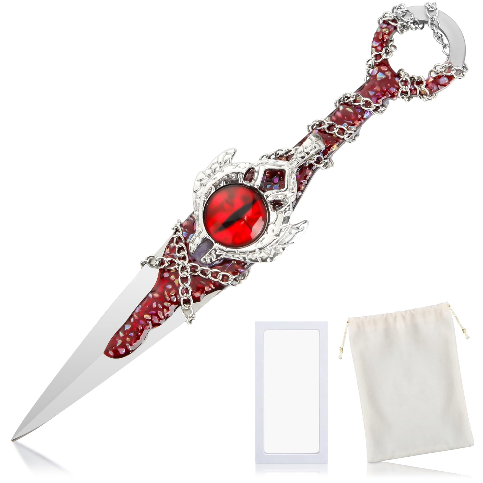 Lanties Red Cosplay Ninja Kunai Personalized Stainless Steel Throwing Knives with Display Box Velvet Bag Knives for Anime Fans Collection Gift Desk Decoration Backpack Pendant (Demon Eye)