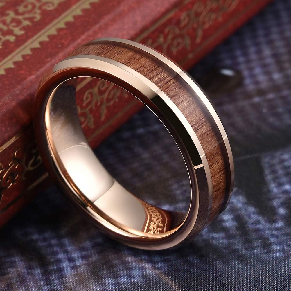THREE KEYS JEWELRY 6mm/8mm Tungsten Wedding Ring with Koa Wood Inlay Rose Gold/silver/Black Flat Wedding Band Engagement Ring Comfort Fit - Image 2