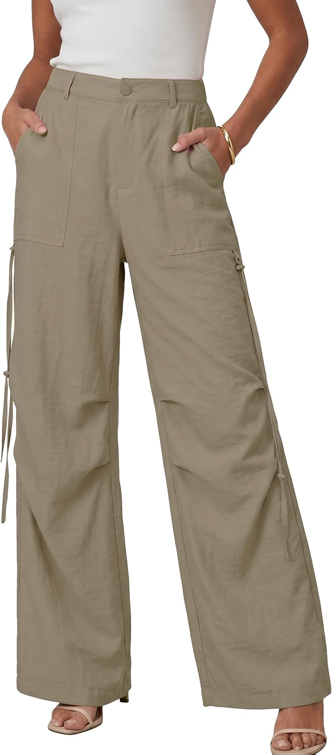 Drawstring Baggy Pleated Pants Women Casual Wide Leg High Waist Drawstring Beach Summer Trousers 2026