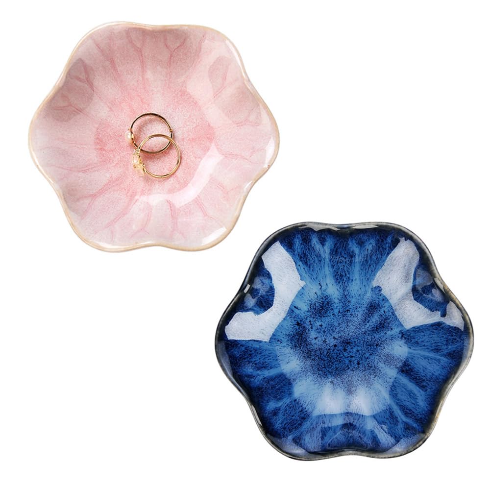 JAMEND CLXP 2PCS Lotus Leaf Shape Ring Holder Dish, Small Key Bowl, Ceramic Trinket Tray Jewelry Dish Organizing Necklace Earrings for Mom Friend Sister, All Jewelries Are NOT Included. Blue+Pink.…