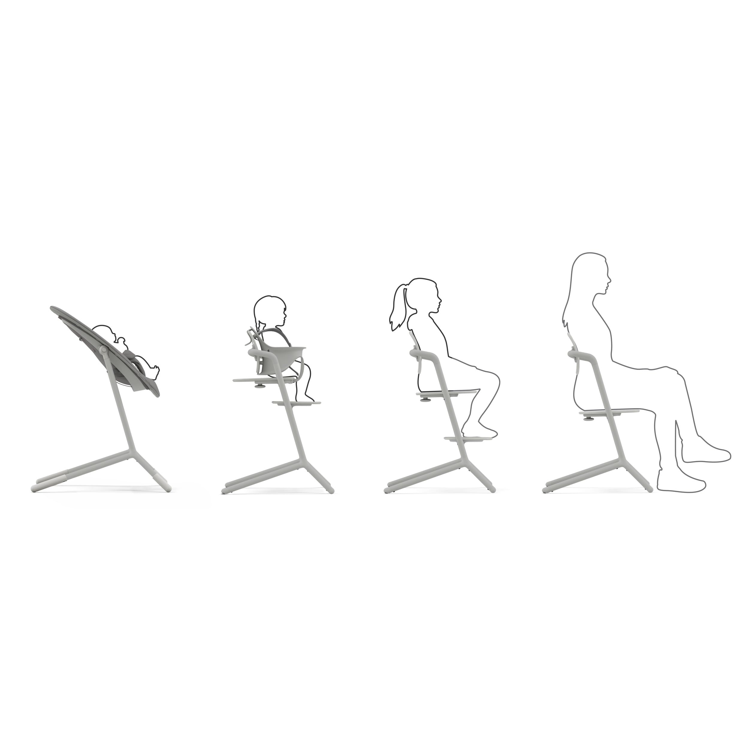 CYBEX Gold LEMO Seggiolone 4-in-1, 0 - 99 Anni, Dalla Nascita, Include Sdraietta, Sedile per Bambini, Vassoio, Riduttore per Neonati, Poggiatesta e Adattatore, Alluminio/Plastica, Suede Grey (Grigio)