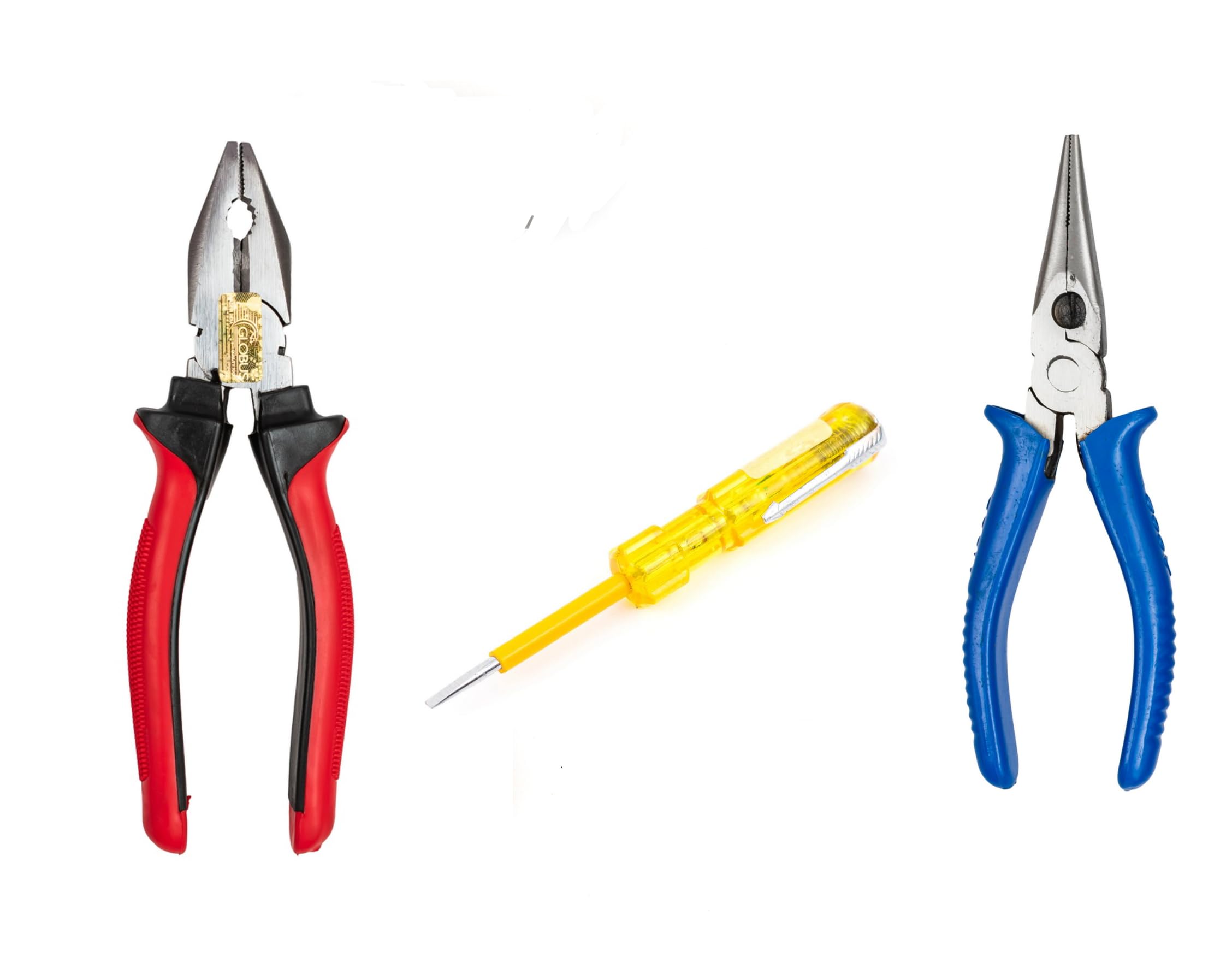 GLOBUS 312 STEEL HAND TOOLS SET/3 PCS (COMBINATION PLIER (8"/200 MM),LONG NOSE PLIER 7''/225 MM, ELECTRIC TESTER (5 INCH) Wire Cutting & Bending Tool for Household Industrial & home use.