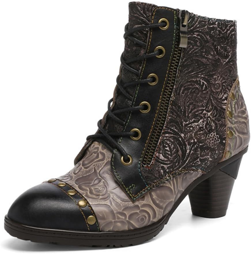 SOCOFY Womens Ankle Boots Leather Block Heel Bohemian Leather Boots