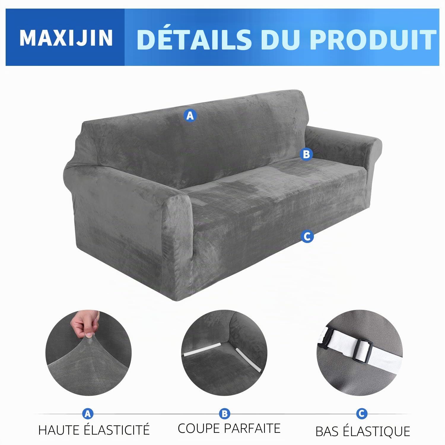 MAXIJIN Housse de canapé en Velours épais 3 Places Super Extensible pour Chiens Cat Pet Friendly 1-Piece Elastic Furniture Protector Gris