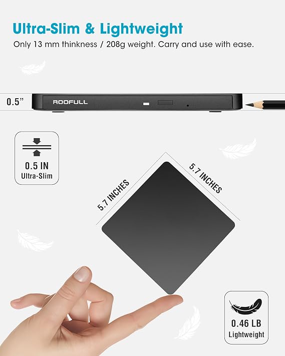 ROOFULL External CD/DVD Drive USB 3.0 & USB-C, Ultra-Slim 0.5 High-Speed CD DVD Player Burner Reader Writer for Laptop, Windows 11/10, Mac MacBook, Linux OS