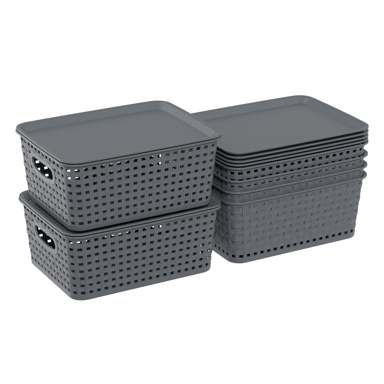 Ordate 6-Pack Woven Plastic Storage Basket with Lids, Cupboard Storage Baskets, Gray