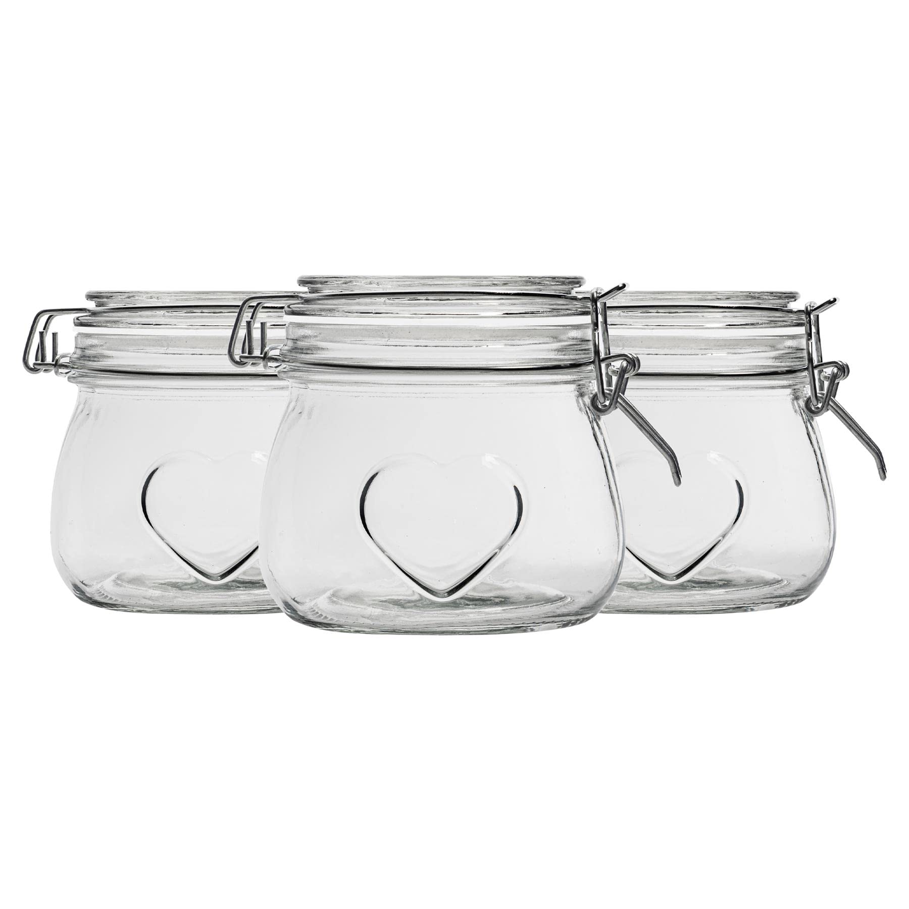 Nicola Spring Heart Glass Storage Jars - Vintage Food Preserving Container - Clip Lid - 500ml - White Seal - Pack of 3