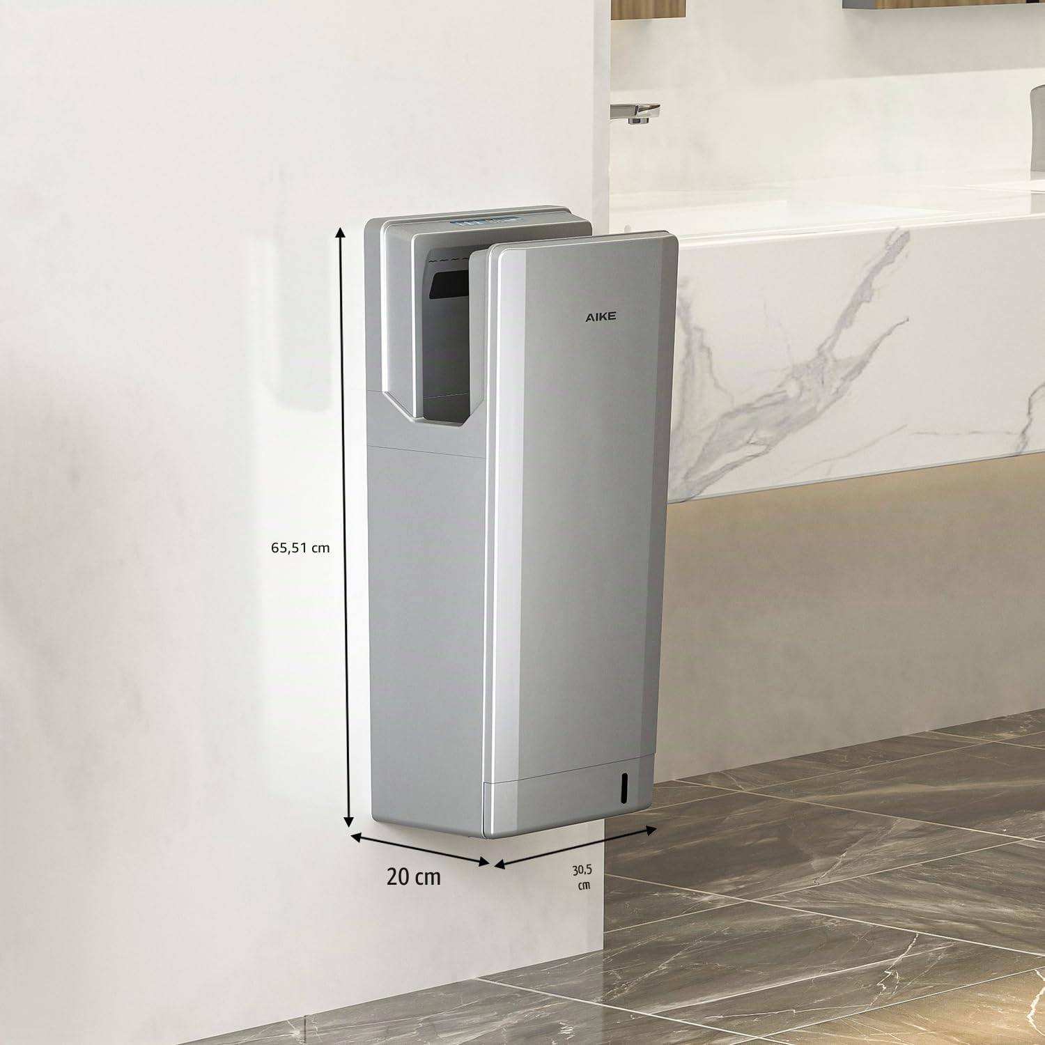 AIKE Swift Sèche-Mains Professionnel avec Filtre HEPA, Design Géométrique, Flux d'air 90M/S, pour Sanitaires à Fort Trafic, 1850W 220V Argent
