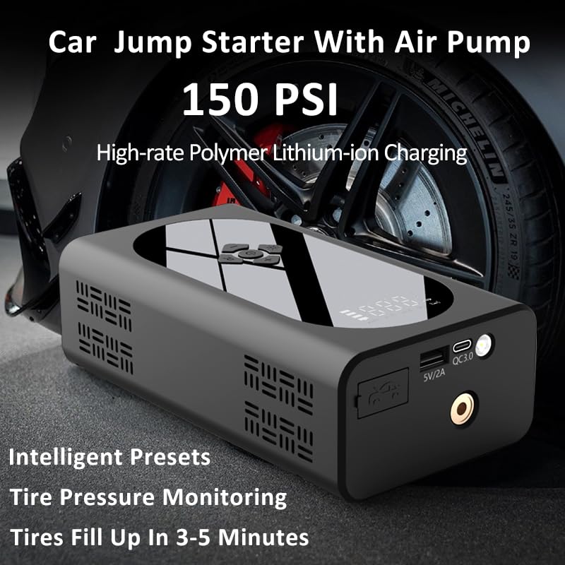 Jump Starter with Air Compressor, 3000A 150PSI Battery Jumper Starter Portable (6.0 Gas/4.5L Diesel), 12V Jump Box Car Battery Jump Starter with Smart Jumper Cables, 3 Modes Flashlight, LCD Display