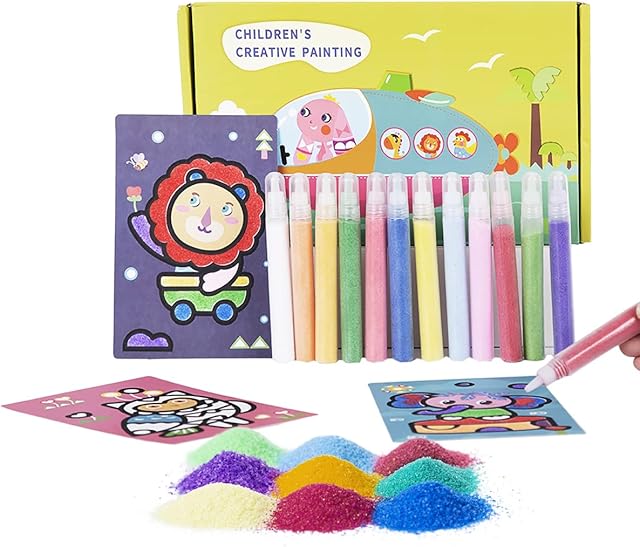 Berry President 12 Packs Sand Painting Cards Art Kids Coloring DIY Paper Craft Kit with 12 Bottles Sparky Glitter Colored Sand Set for Boys & Girls (Animals Green Box)