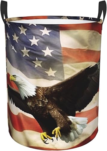 Cesta circular con estampado de bandera estadounidense con águila moscada, impermeable, cesta organizadora de lavandería, con asas, para ropa,