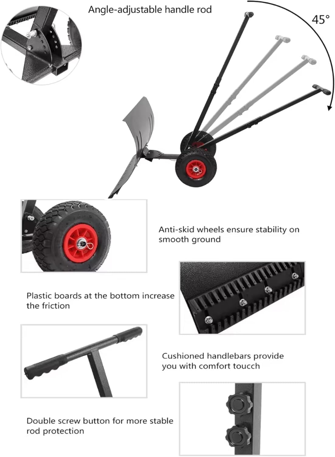 ELEFOCUS Snow Shovel with Wheels,Steel Snow Pusher,5 Level Adjustable Handle, Galvanized Blade with 5 Angle(75x43cm/29x17in)