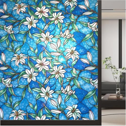 Image of WISDOM Premium Frosted Glass Window Film Self Adhesive Decorative Glass Window Privacy Sheet Film UV Control Removable Vinyl Privacy Film (Blue Lilly Orchid Flower, 12x36 Inch)