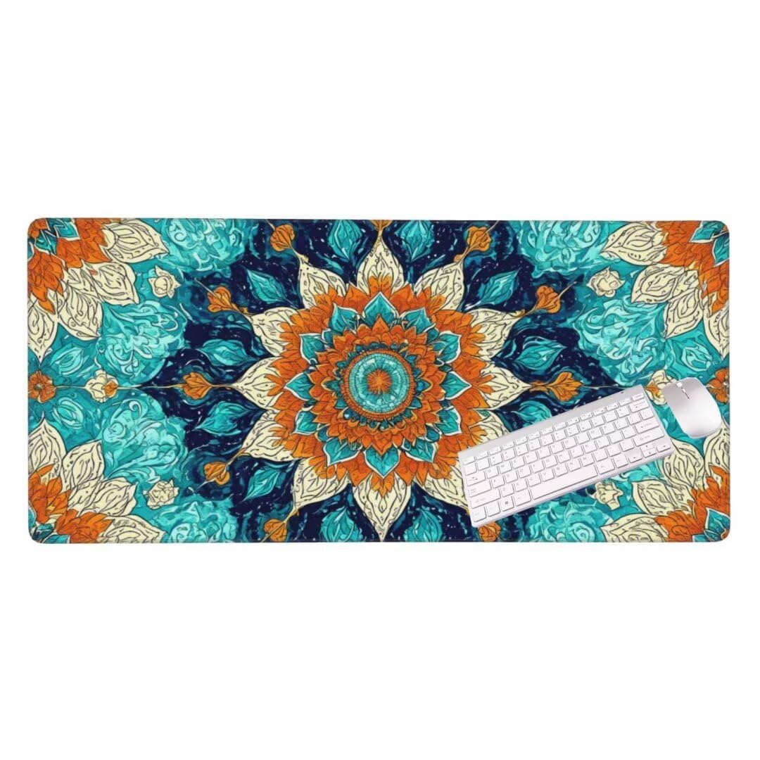 Alfombrilla de ratón 1400x600x3 MM, Alfombrilla Ratón XXL Extendida de Gran Tamaño con Bordes Cosidos, Base de Goma Antideslizante Almohadilla para Teclado, Flores de Mandala S-8723