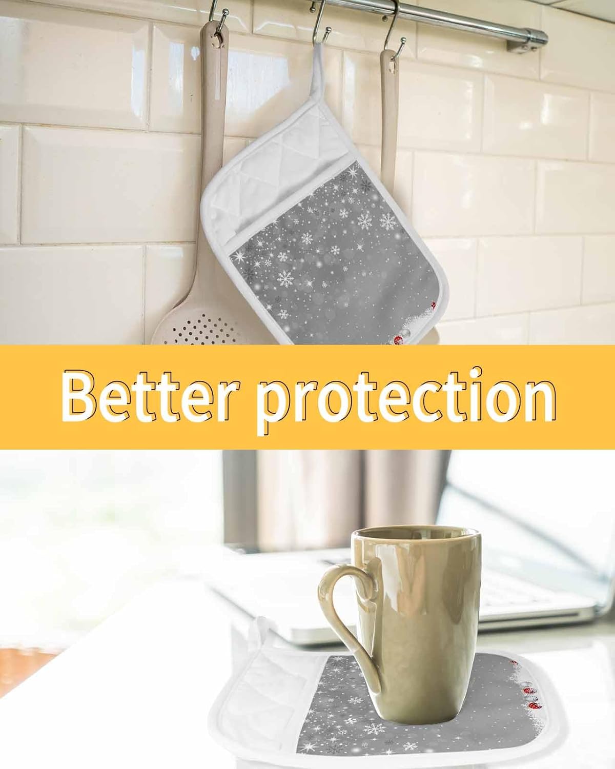 5PCS Pot Holders with Pocket for Kitchen, Grey Christmas Pot Holder Set Heat Insulation Potholders, Xmas Snowflake Ball Winter Snowflake Oven Mitts Hot Pads for Baking Cooking Barbecue
