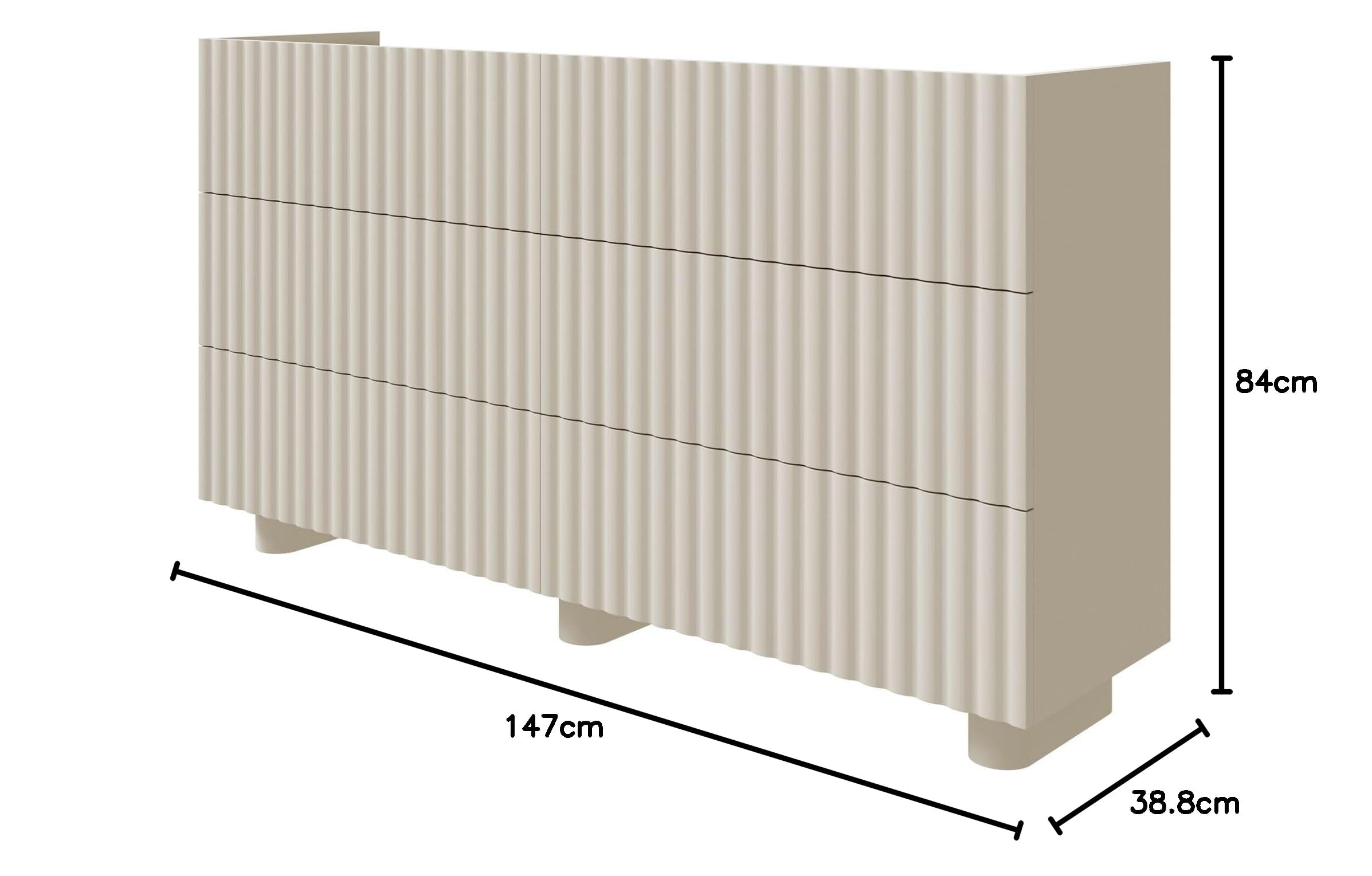 Selsey Commode Fiorra 84x147x38,8 cm - Buffet Rangement Élégant - Meuble Bas Salle à Manger Moderne MDF Cachemire Beige - 6 Tiroirs Push to Open - Pieds Design Ovale - Idéal Salon