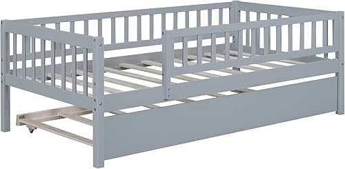 Miniatura 5 de Base de cama de tamaño individual con barandillas nido y valla para niños, adolescentes y adultos, soporte de listones de madera, no necesita