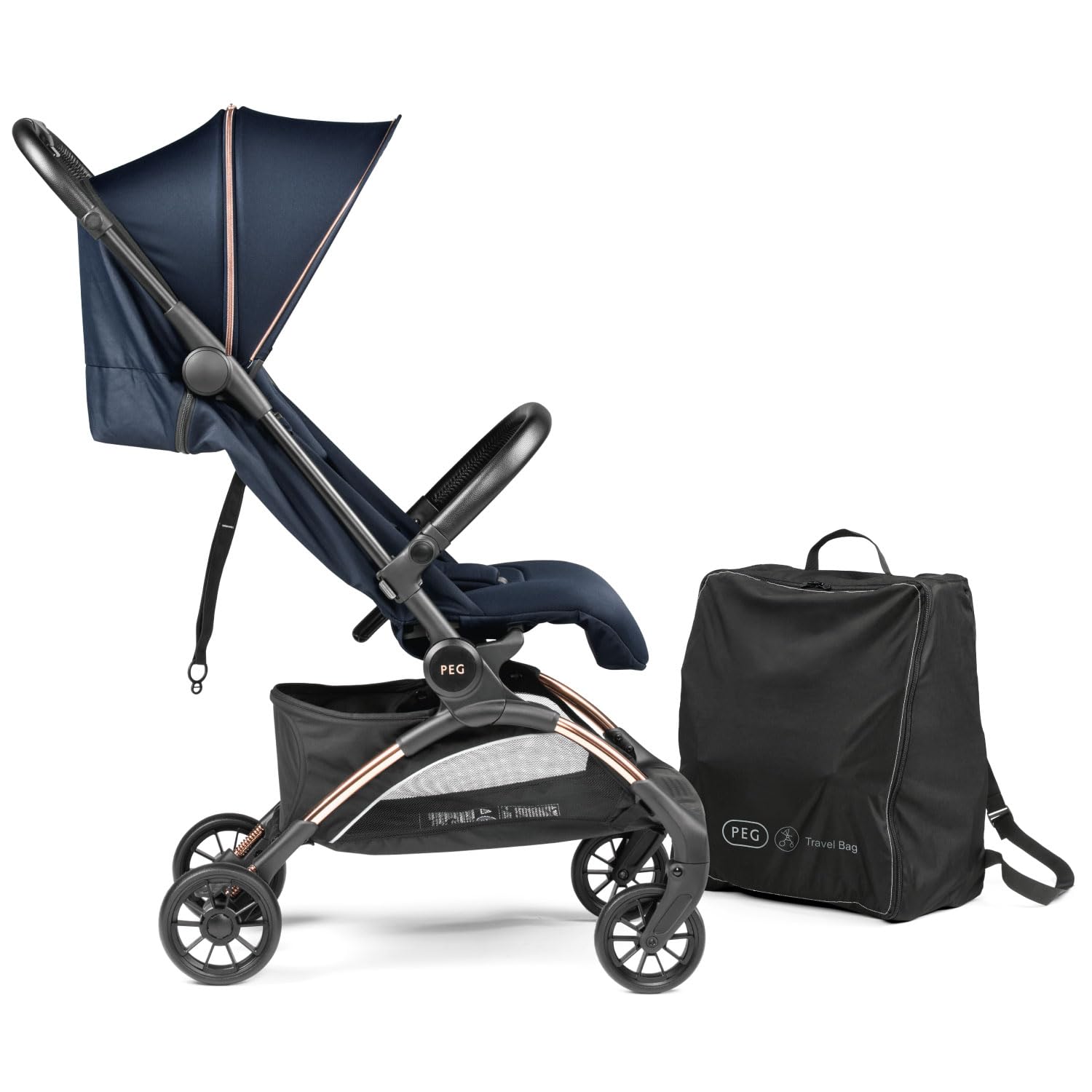 Peg Perego Volo, Ultra Lightweight Carry On Compliant Travel Stroller, Adjustable Features & Reclining Seat - Designed for Everyday Comfort from Newborn to 50lbs, Blue Shine (Blue & Copper)