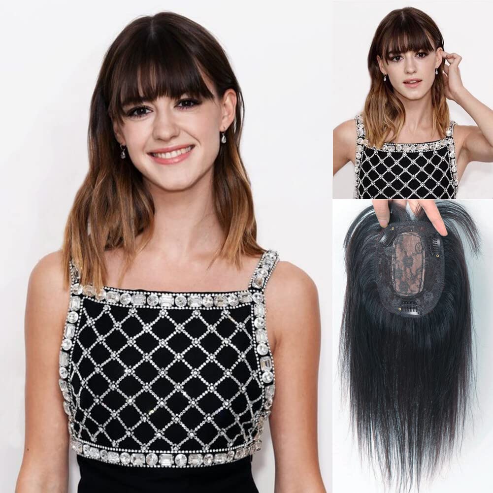 Clip de pelo humano real en parte Niddle Base de seda recta postizos con flecos (9x14cm, 20cm/negro)