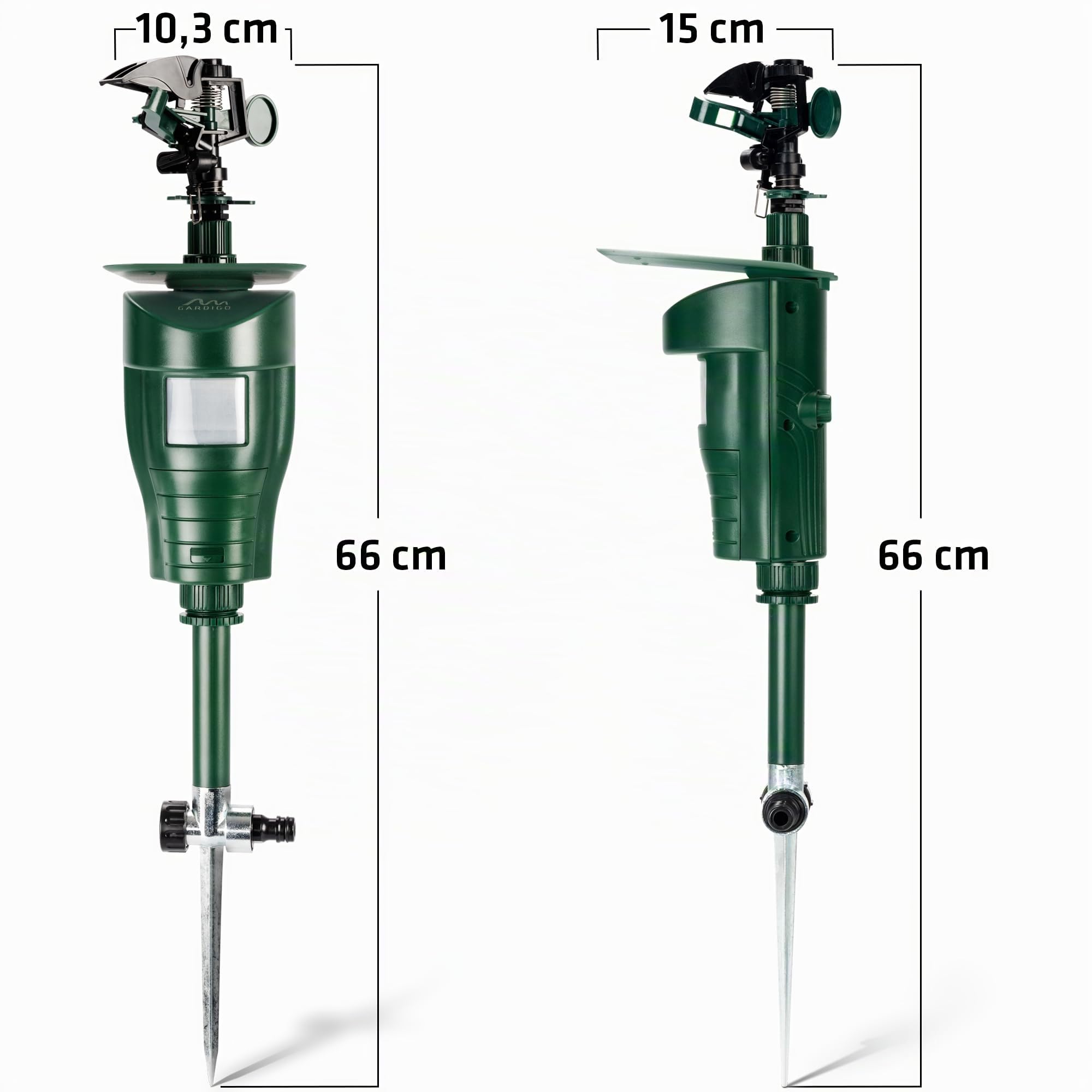 GARDIGO® Wasserstrahl Tiervertreiber I Vogelabwehr, Reiherschreck, Katzenschreck für Garten | PIR-Bewegungsmelder I Reichweite bis zu 10 m I Vogelschreck, Katzenabwehr, Hundeabwehr | Inkl. Batterien