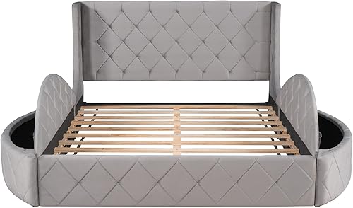 Miniatura 6 de Cama tapizada de terciopelo tamaño Queen con almacenamiento marco de cama tamaño Queen con cabecero 1 cajón grande y 2 taburetes de almacenamiento