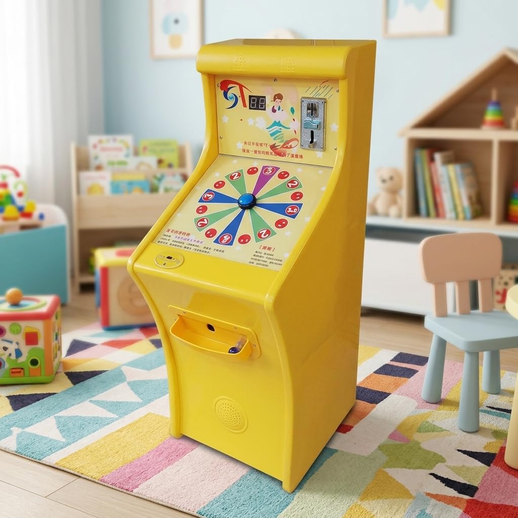 Gelber Arcade Automat, Münzbetriebener Kinderspielautomat mit Murmel-Launch, 55x40x110cm, für Spielzimmer & Kindergeburtstage , Klassisches Arcade-Design
