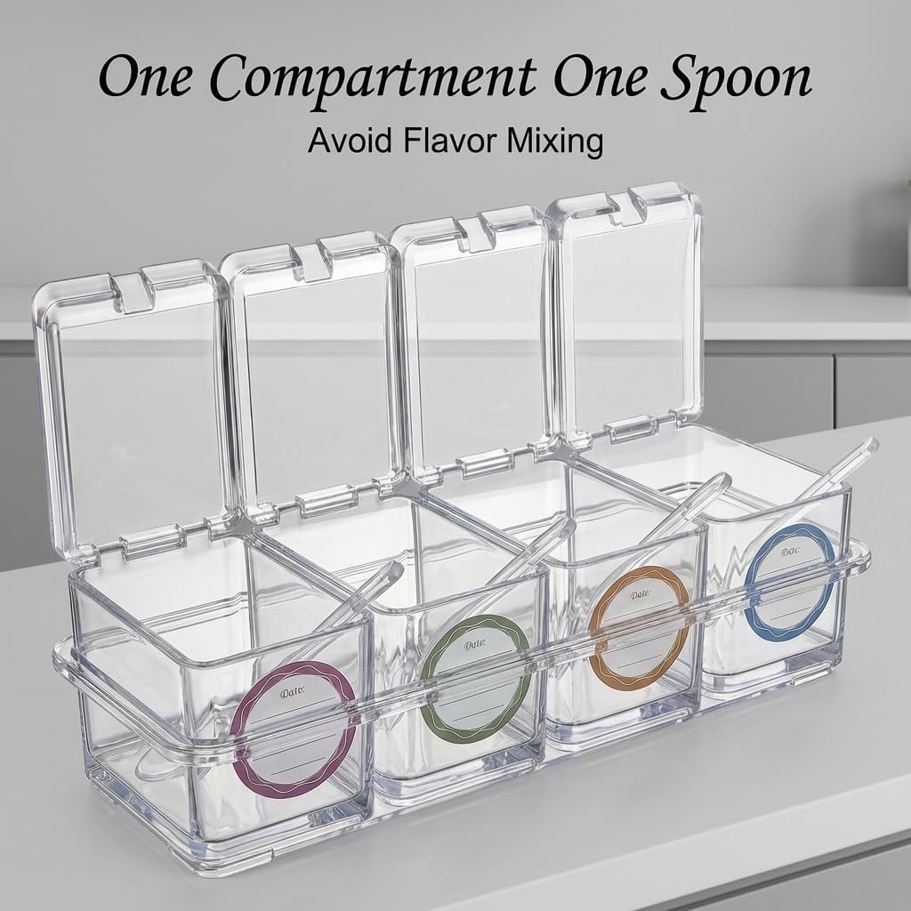 Cleora Seasoning Box, Acrylic Condiment Containers with Lids and Spoons for Hot Chocolate Bars Toppings, Ice Cream Toppers, and Spices (Clear, 4 Containers)