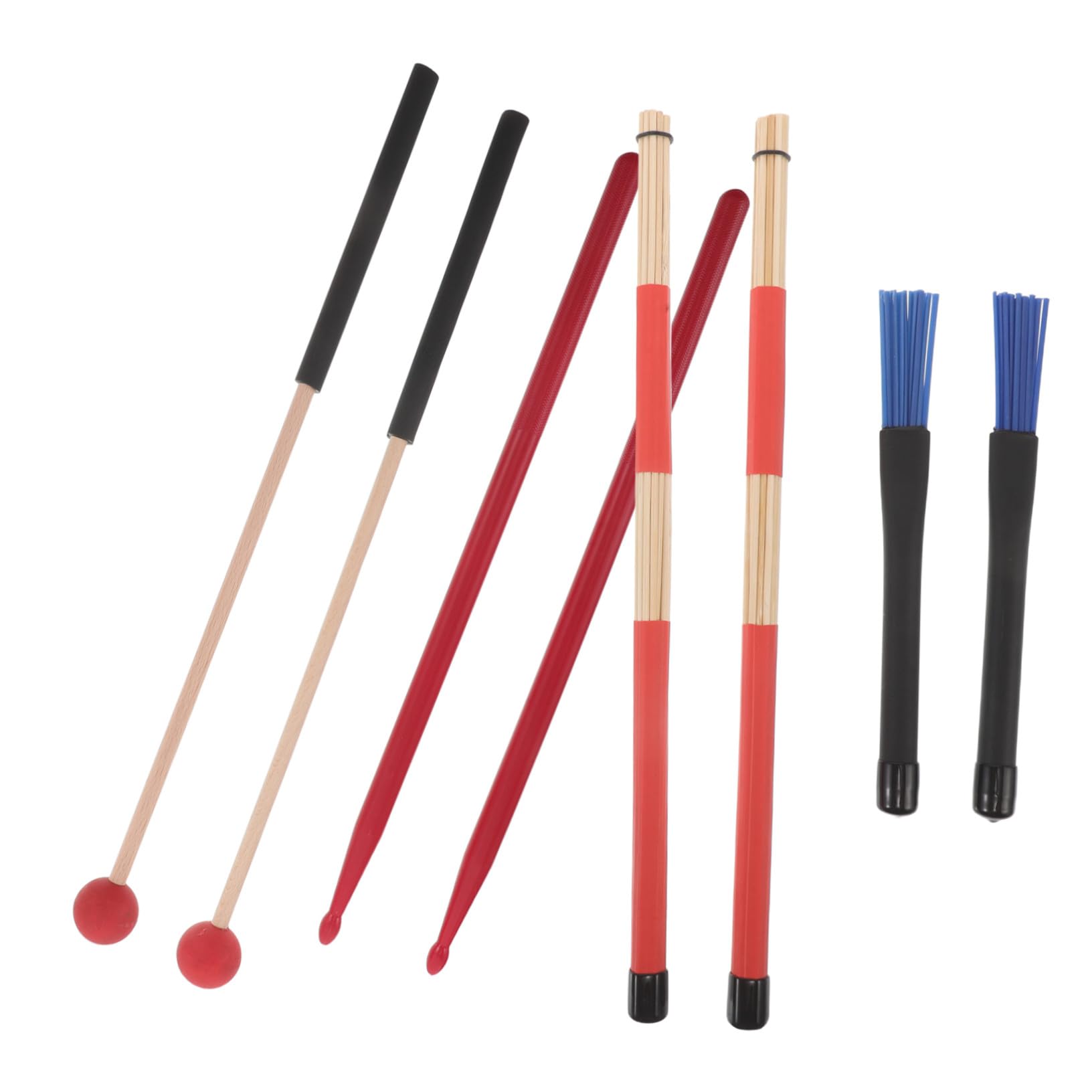 Kit de Accesorios de Percusión Batería con Baquetas de Nylon y Madera, Mazo Antideslizante Rojo y Cepillos Azules con Funda Portátil para Batería Acústica