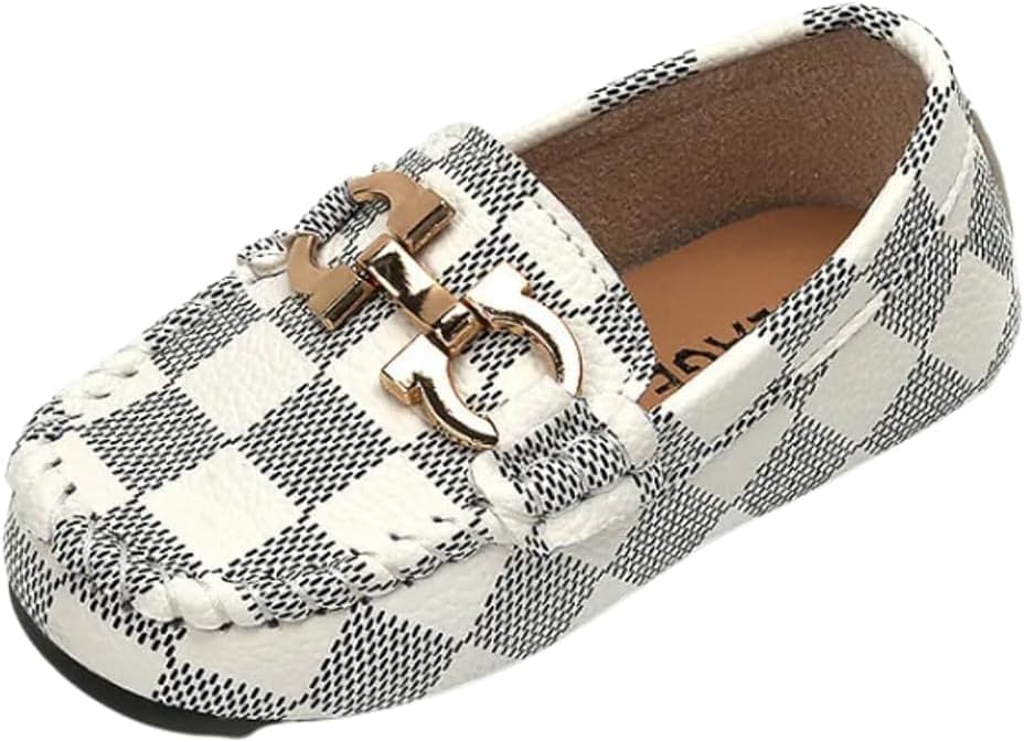 Toddler Boys Dress Shoes Loafers Slip-On Flat Sole | Sizes 6T-12 Little Kids | 3 Colors, Gold Buckle, Plaid, White, Black, and Brown