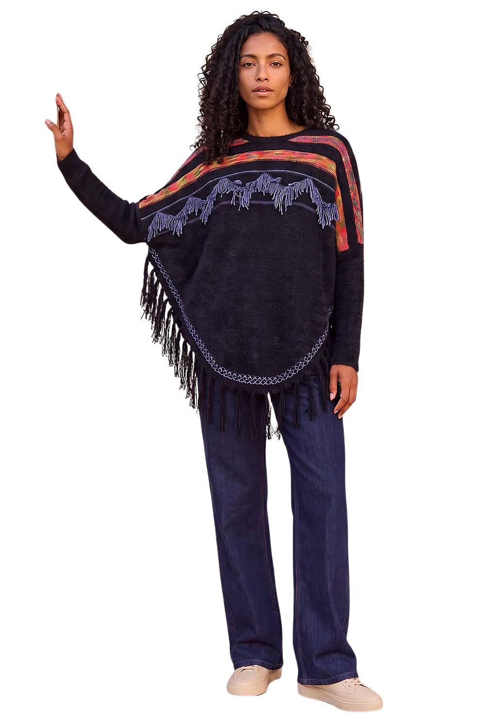 Roman Women's Black Jacquard Tassel Knit Jumper Size 16