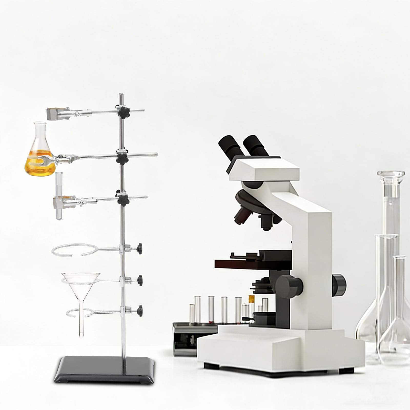 Set di cavalletti da laboratorio con base, 60 cm, in ferro, con 3 morsetti a pistone, 3 morsetti ad anello da 6/8/10 cm e 3 morsetti a croce per chimica e fisica