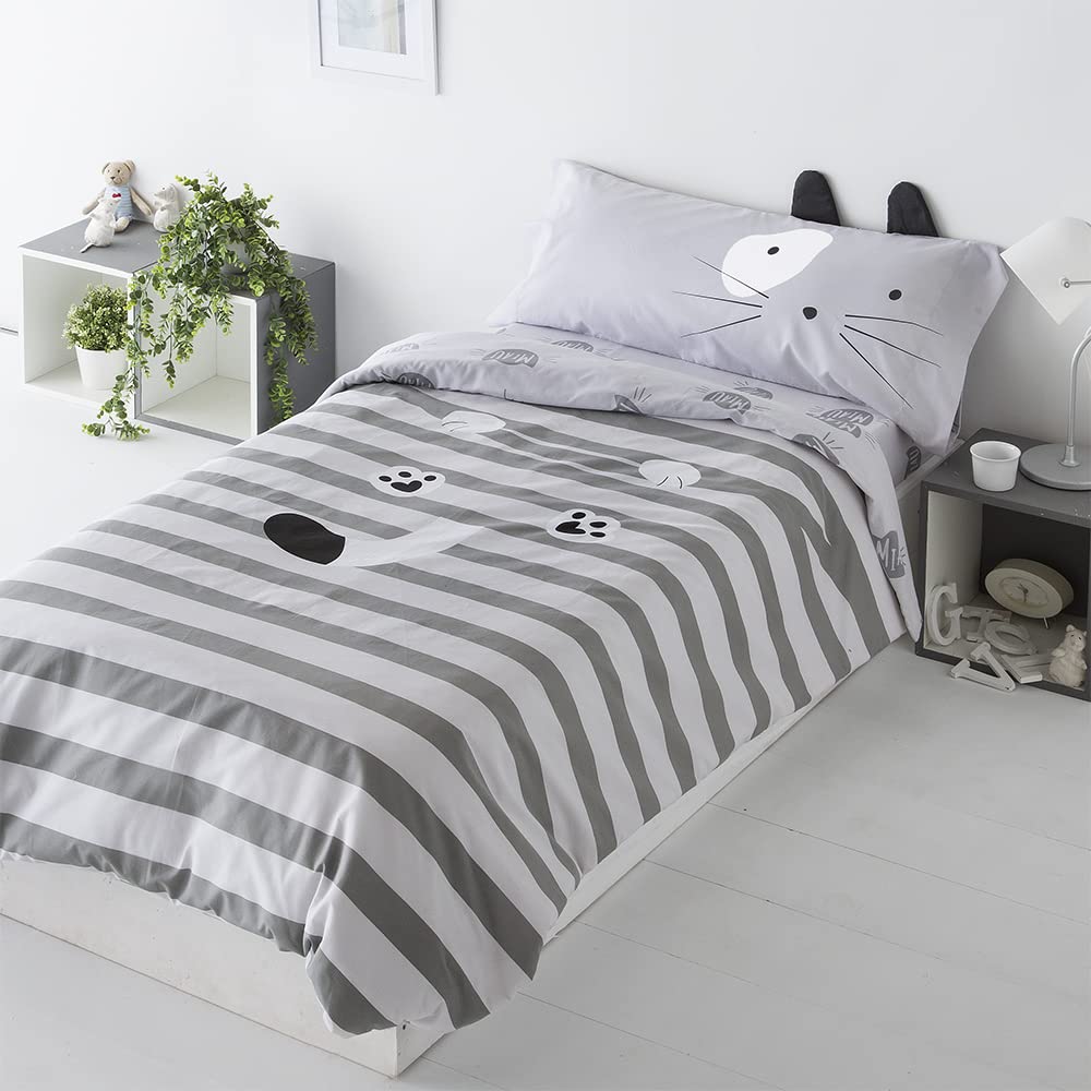 COTTON ARTean Funda Nórdica Infantil Reversible Gato I 50% algodón 50% poliéster Cierre con Botones Funda de edredón para Cama de 105 (180x220 cm) + 1 Funda de Almohada (45 X 125 cm) Gris