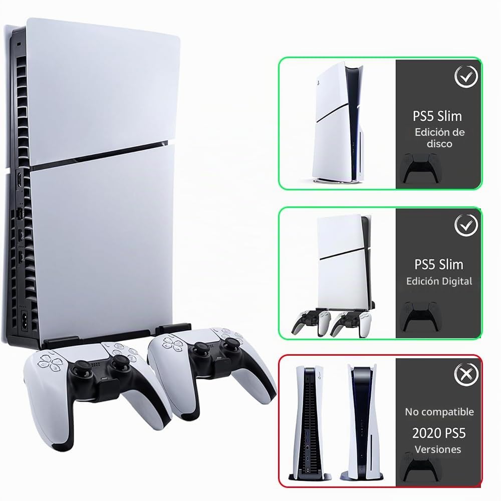 Soporte de Pared para PS5/PS5 Slim (Disco y Digital) Con 2 Soportes de Controlador, Acero Compatible Con Consola PS5