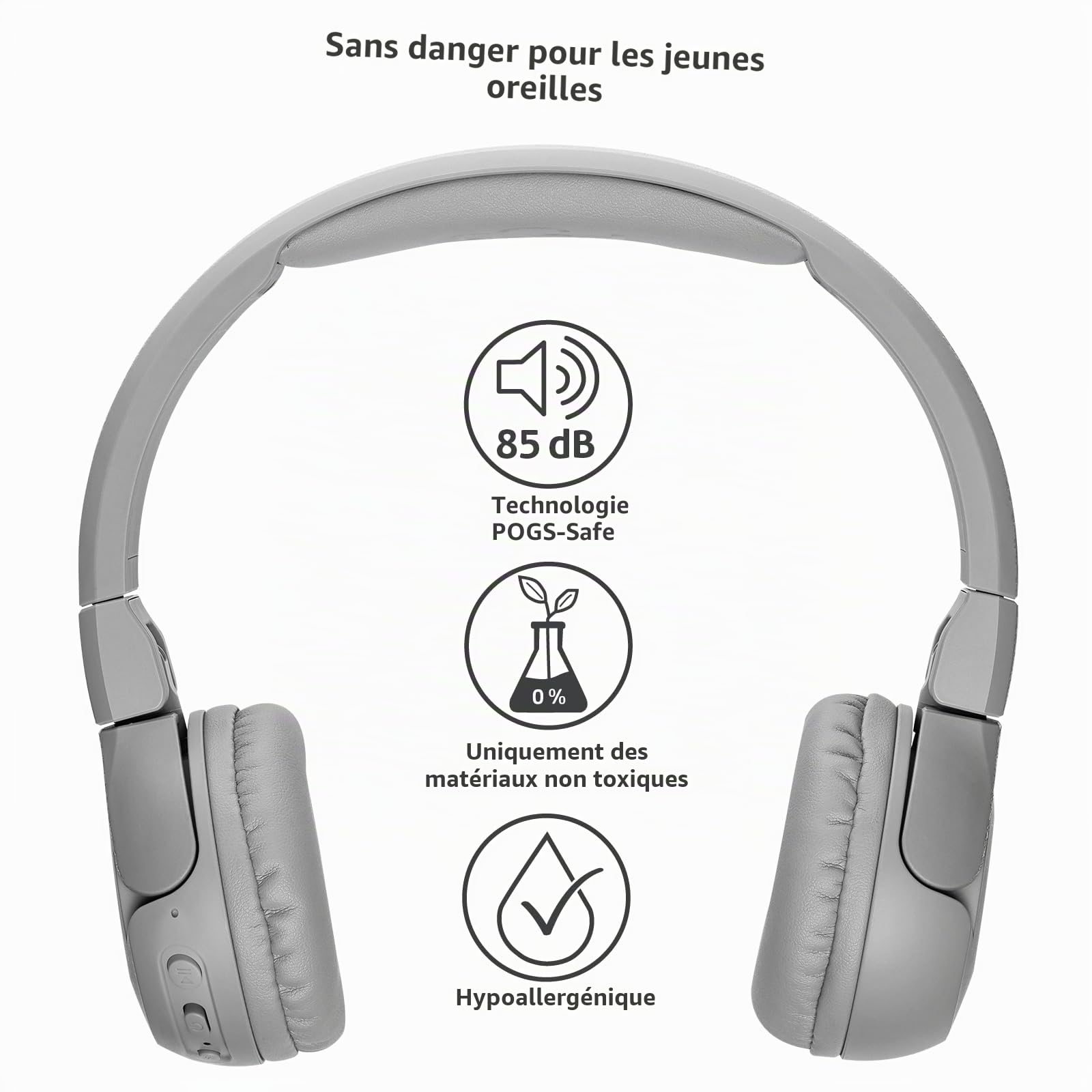 POGS Casque d'écoute Bluetooth sans Fil Kids | Le Gecko 2 | Casque réglable et Durable pour Enfants de 3 Ans et Plus | Volume limité à 85 DB | Microphone | Fonction de Partage de Musique (rGris)