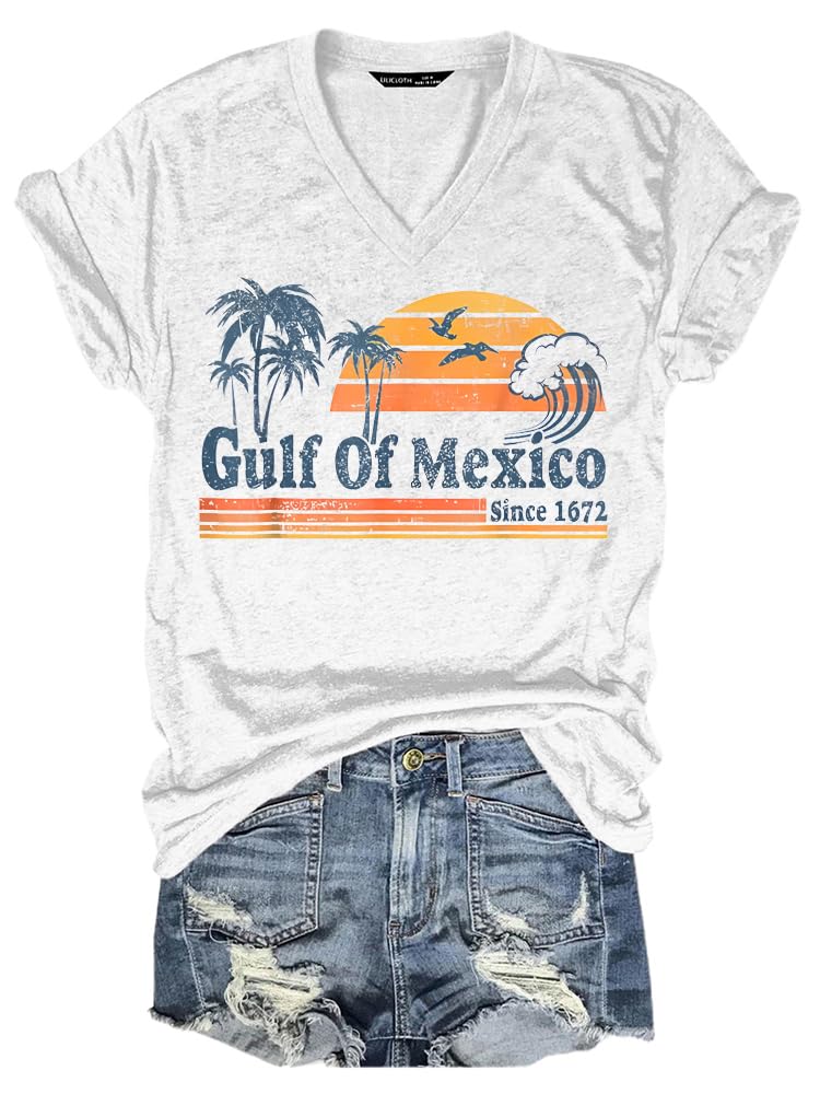 Woxlica Gulf of Mexico T Shirt Graphic Mexico Shirts for Women Retro Beach Tops