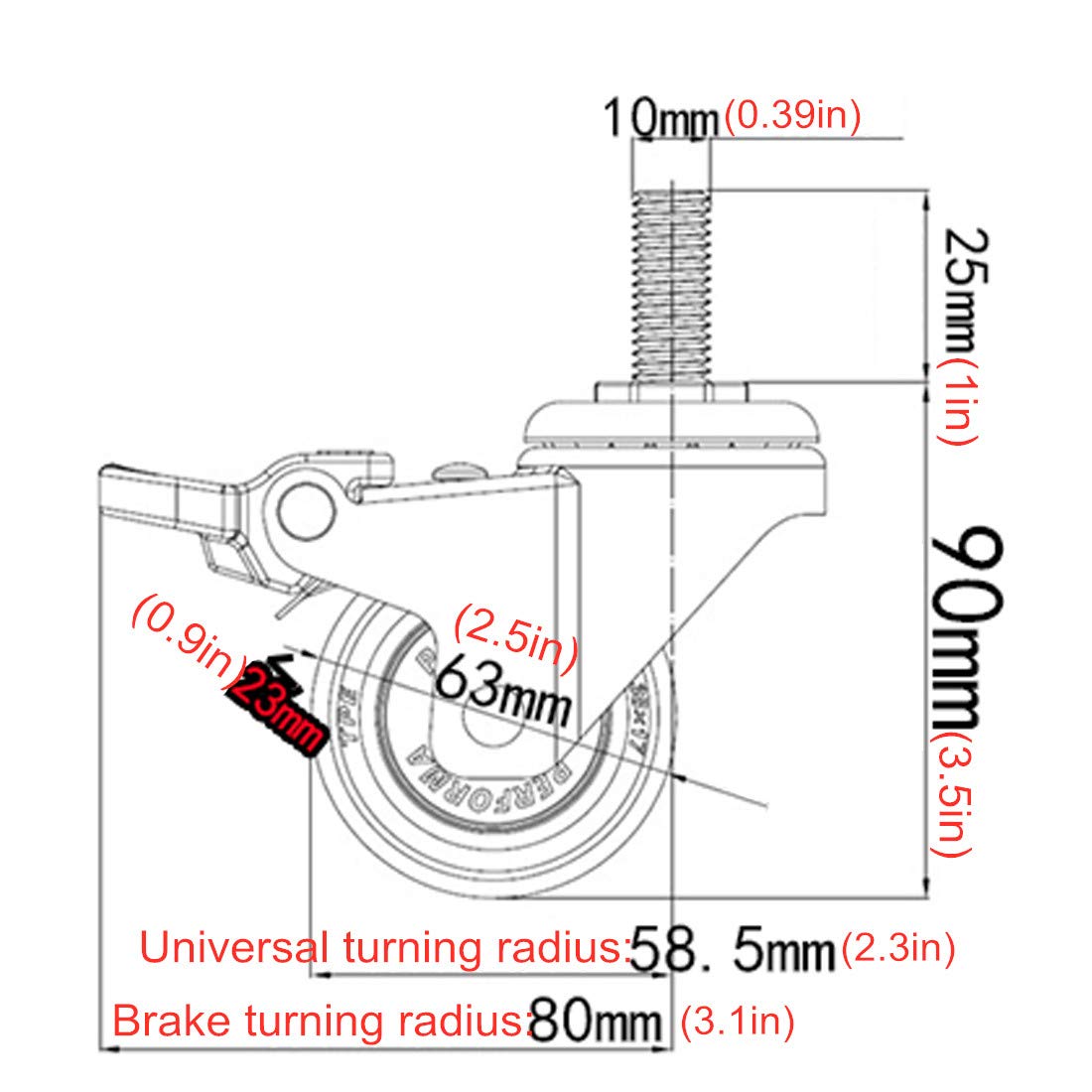 Ruote girevoli per impieghi gravosi con Gomma TPE, Confezione da 4, 6,3 cm (2,5 Pollici), Gambo filettato M10x25 mm, Ideali per carrelli e mobili, Scorrimento Fluido con Freno