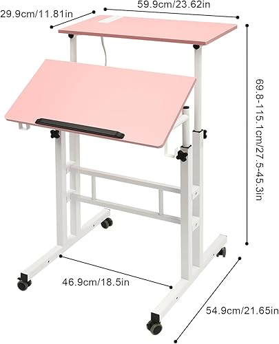 Miniatura 2 de Escritorio móvil para portátil de 24 pulgadas, mesa de computadora de altura ajustable, escritorio de pie móvil con panel inclinable de 180, 2