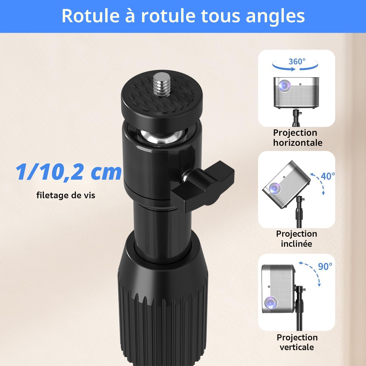 Suptek Support de Projecteur au Sol, Hauteur Réglable 1015-1385 mm, Rotation 360°, Supporte 2 kg PR001F