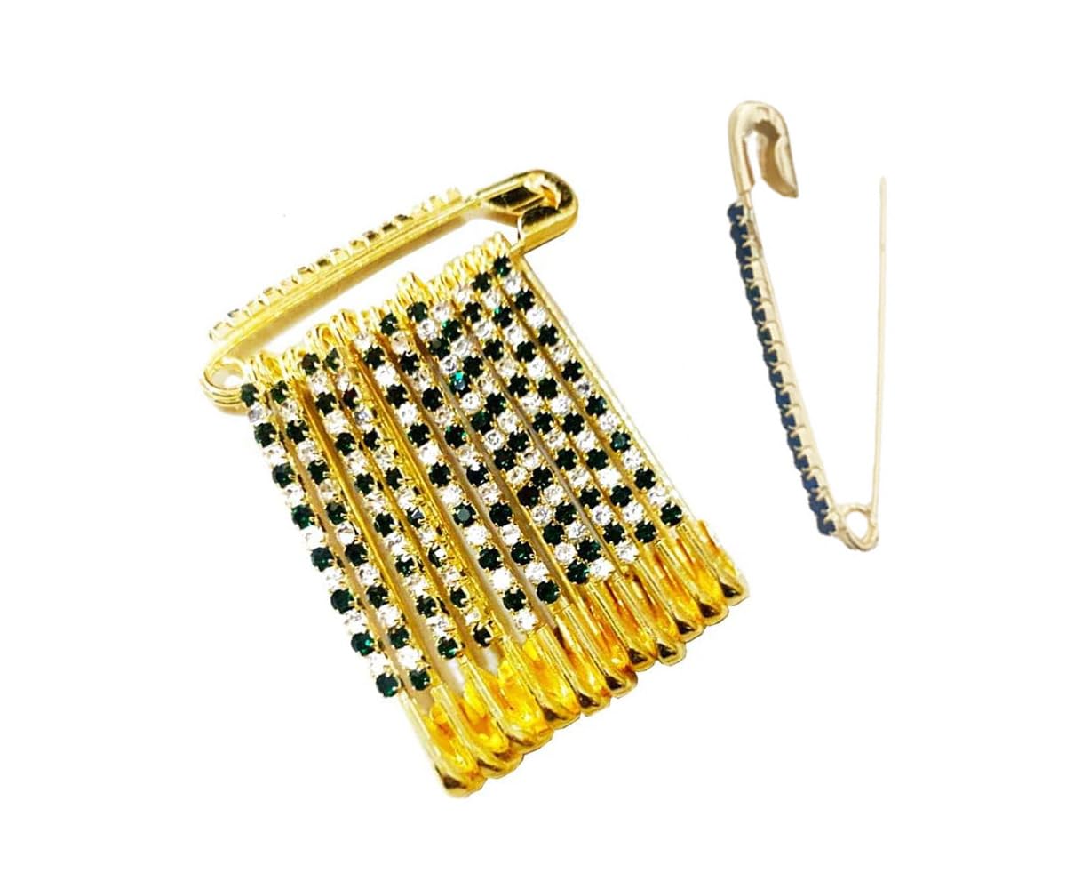 White Diamond Designer Safety Pin or Saree Pin, Size No. 4 (Green)
