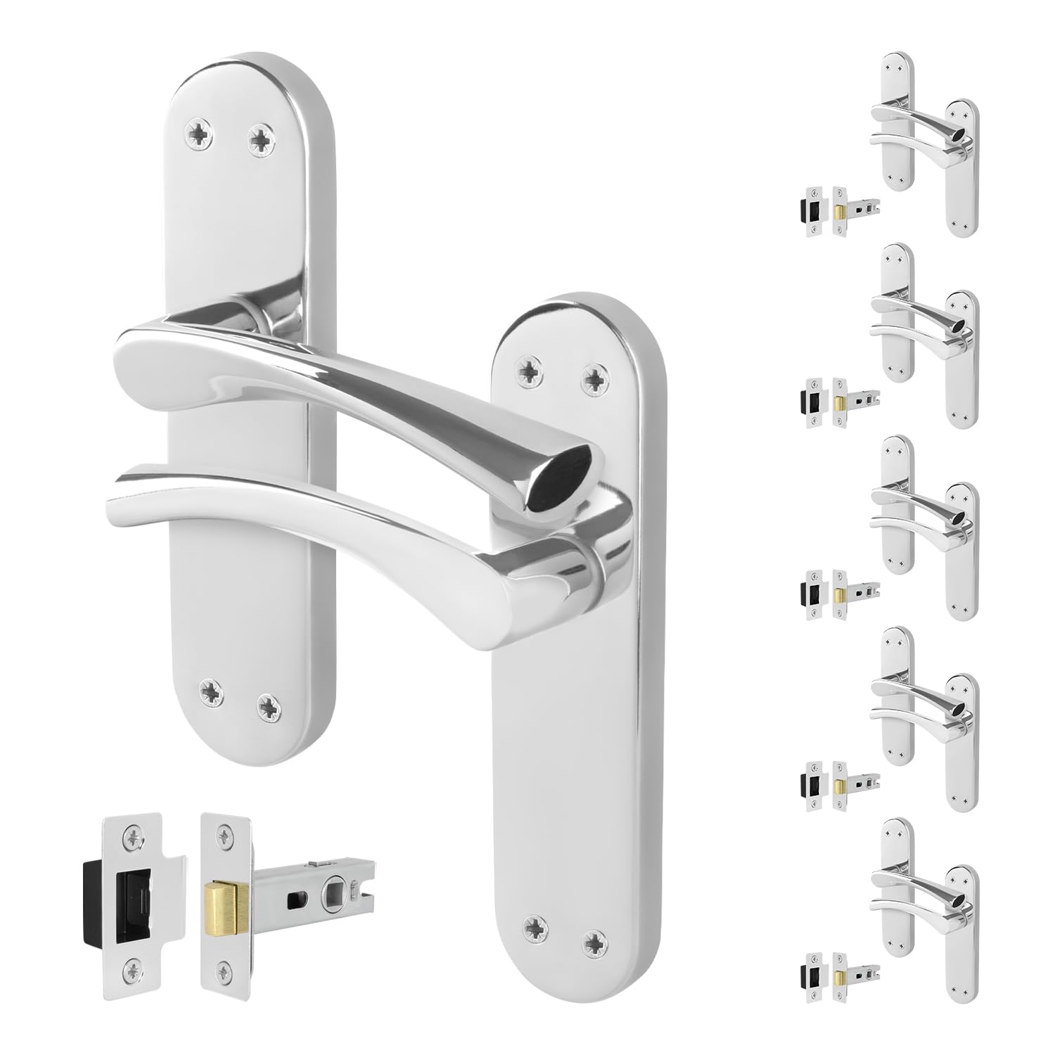 Eai Polished Chrome Chrome Door Handle Latch Set, 6 Pairs Of Internal Lever T-Bar Handles Backplate Latches 64Mm - Novoli