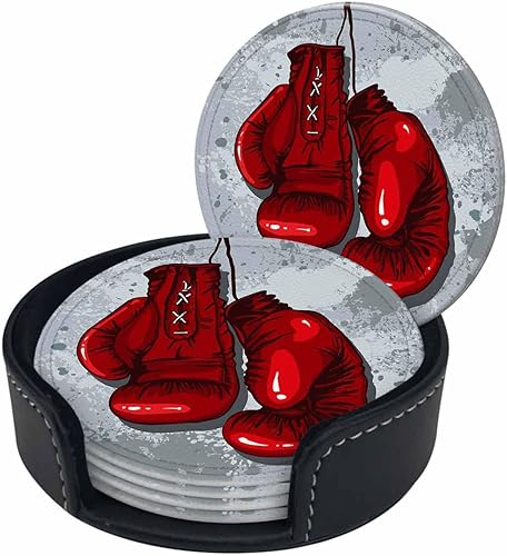 Juego de 6 posavasos redondos para bebidas, guantes de boxeo, diseño de dibujos animados, juego de 6 posavasos con caja de almacenamiento, regalos