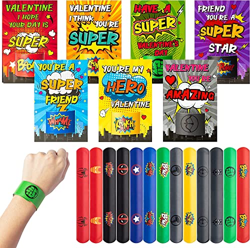Haooryx Lot de 28 bracelets super puissants pour la Saint-Valentin avec cartes de Saint-Valentin pour enfants - Cadeau d'échange de prix - Décoration de super-héros Cover