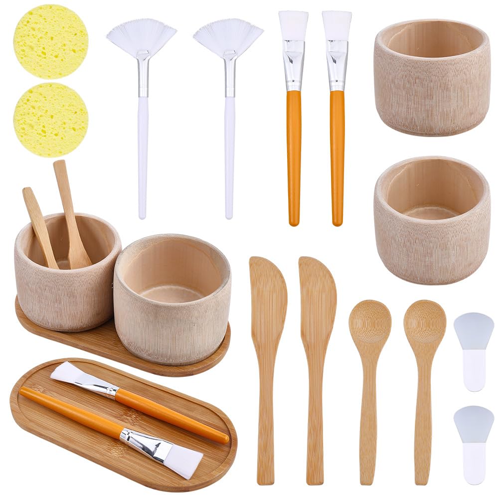 WEBEEDY 15 pezzi in bambù per estetista comprendente ciotole per maschere, spazzole a ventaglio, spazzole piatte per viso, spatole per maschere, spugne per viso e cucchiai, set di ciotole maschere