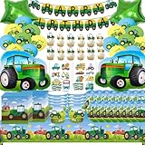 Bemoseng Vaisselle de Fête Tracteur pour 20 Invités, 130 PCS Vaisselle Anniversaire Tracteur, Kit de Tracteur Assiettes Gobelets Nappe, Vaisselle de Fête D'anniversaire de Ferme de Tracteur