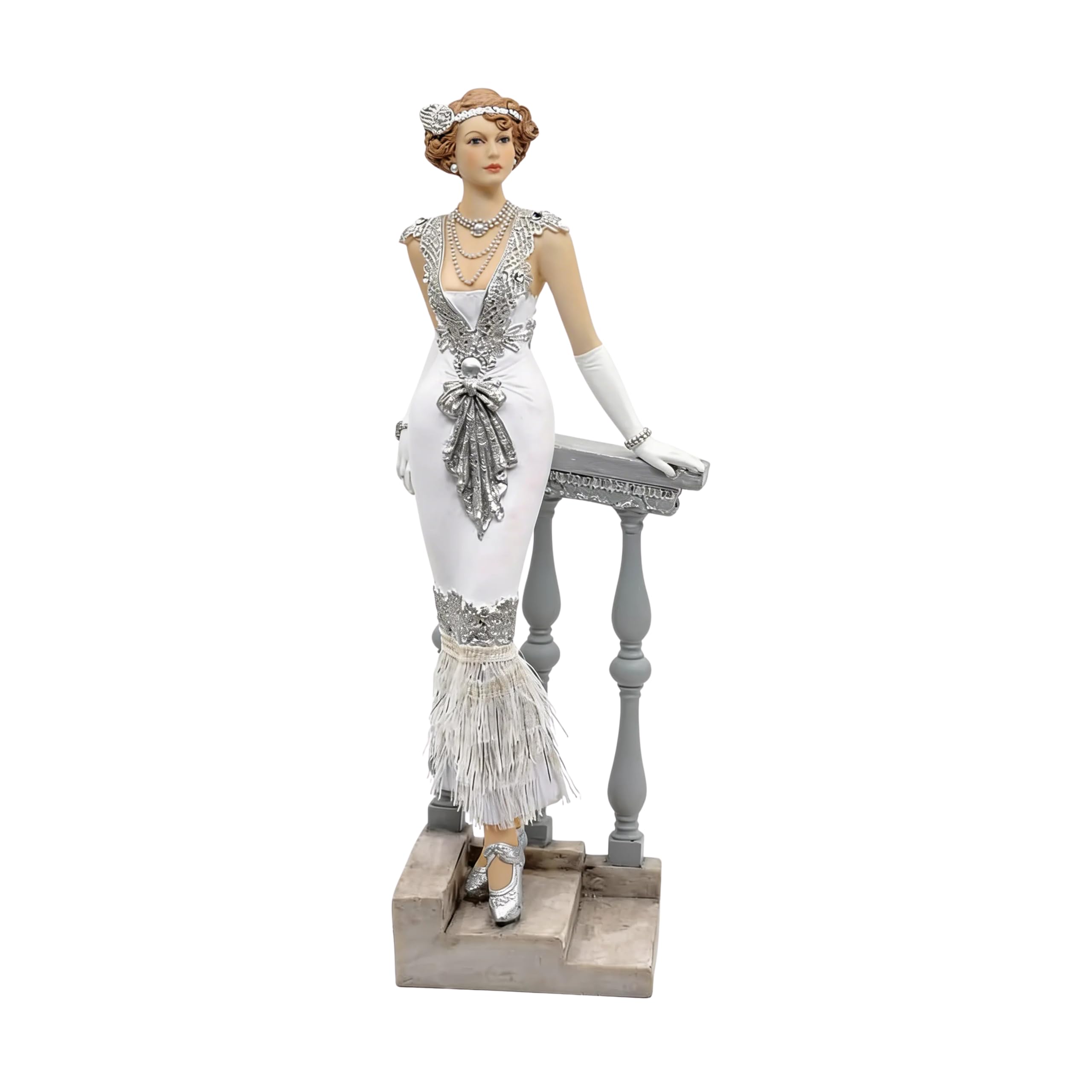 Comfy Hour 13" Victorian Lady Figurine, Elegant Woman Statue Leaning on Staircase, Roaring 20s Art Deco Style Home Decor Accent, Silvery Polyresin Artisan Crafted Sculpture, 1 Piece