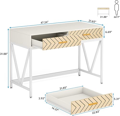 Miniatura 3 de LITTLE TREE Escritorio para computadora con 2 cajones, escritorio moderno de 47 pulgadas, mesa para computadora portátil para oficina en casa,
