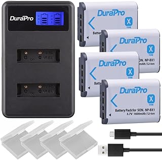 DuraPro 4Pcs 1600mAh NP-BX1 NP BX1 Battery + LCD Dual USB Charger for for Sony NP-BX1 Battery Sony DSC-RX100 RX100 II DSC-WX500 HX300 WX300 HX400V WX300 WX350 HDR AS100v AS200V AS15 AS30V AS300 M3 M2